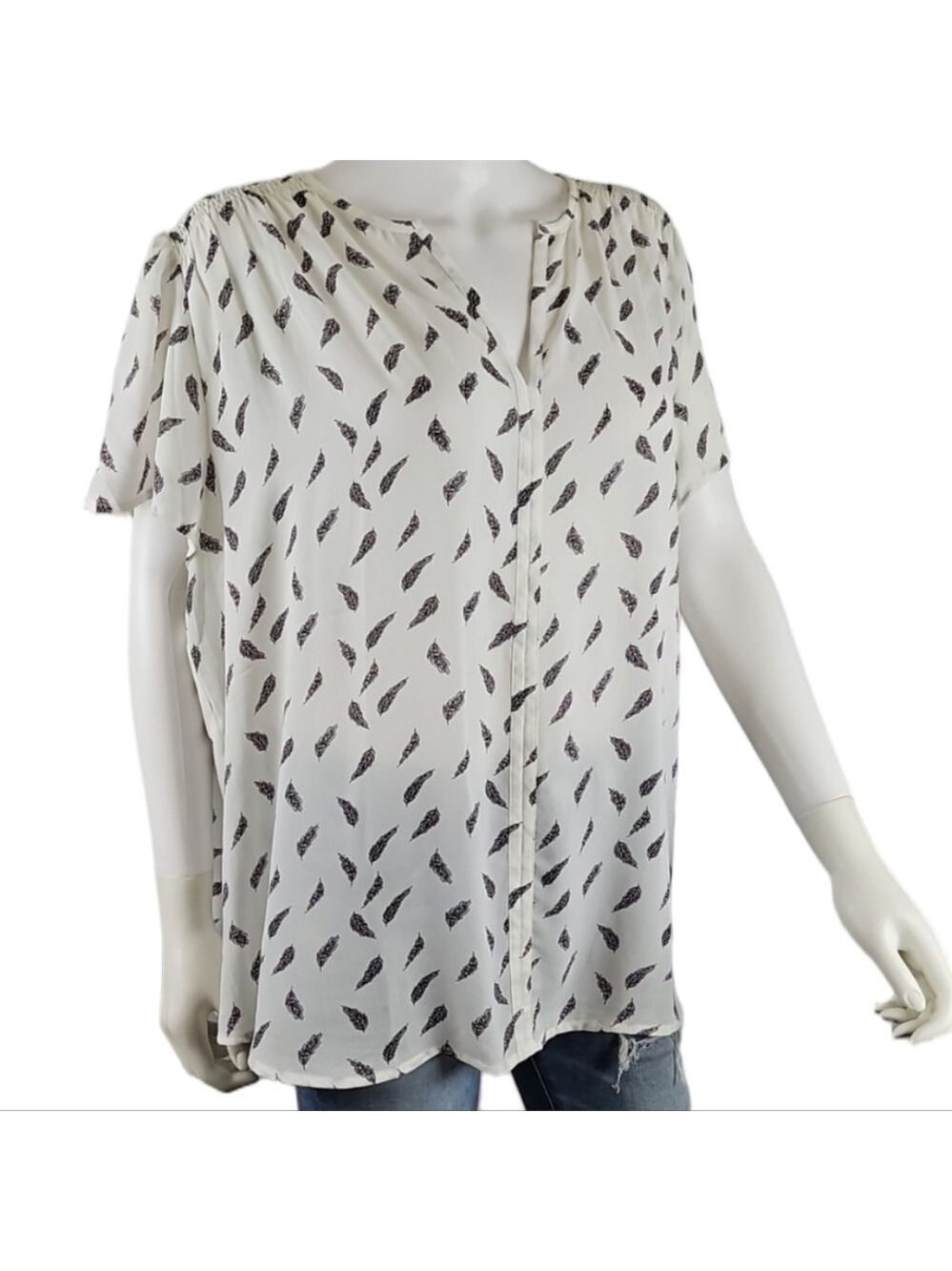 Monday Fun White Black & Pink Feather Print V Neck Pleated Shoulder Top Blouse